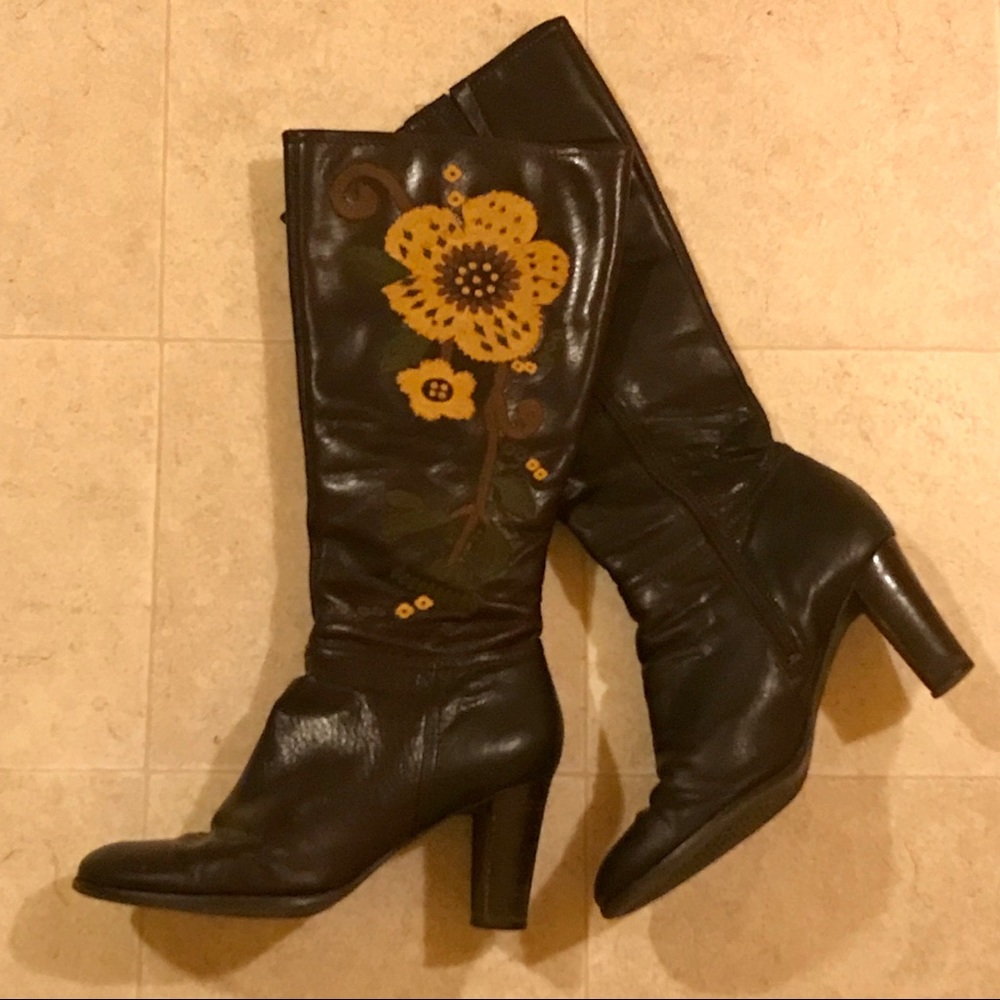 Aerosoles Brown Leather Knee Boots Embroidered